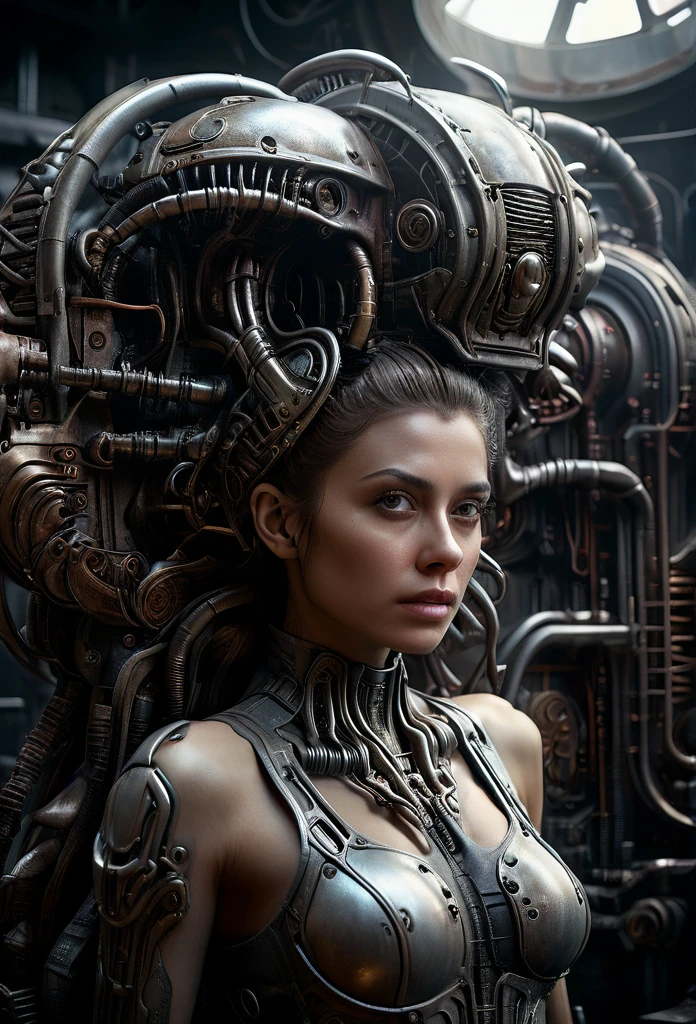 mechanical, Ammonoidea, 8k photorealistic, cinematic lighting, HD, high details, dramatic, dark atmosphere, great light, perfect composition, vibrant, lush, glossy, elegant, unreal engine, inspired by HR Giger, half body portrait, highly detailed, photo realistic, cinematic, movie still, captured in the style of Sony Alpha A7 III camera