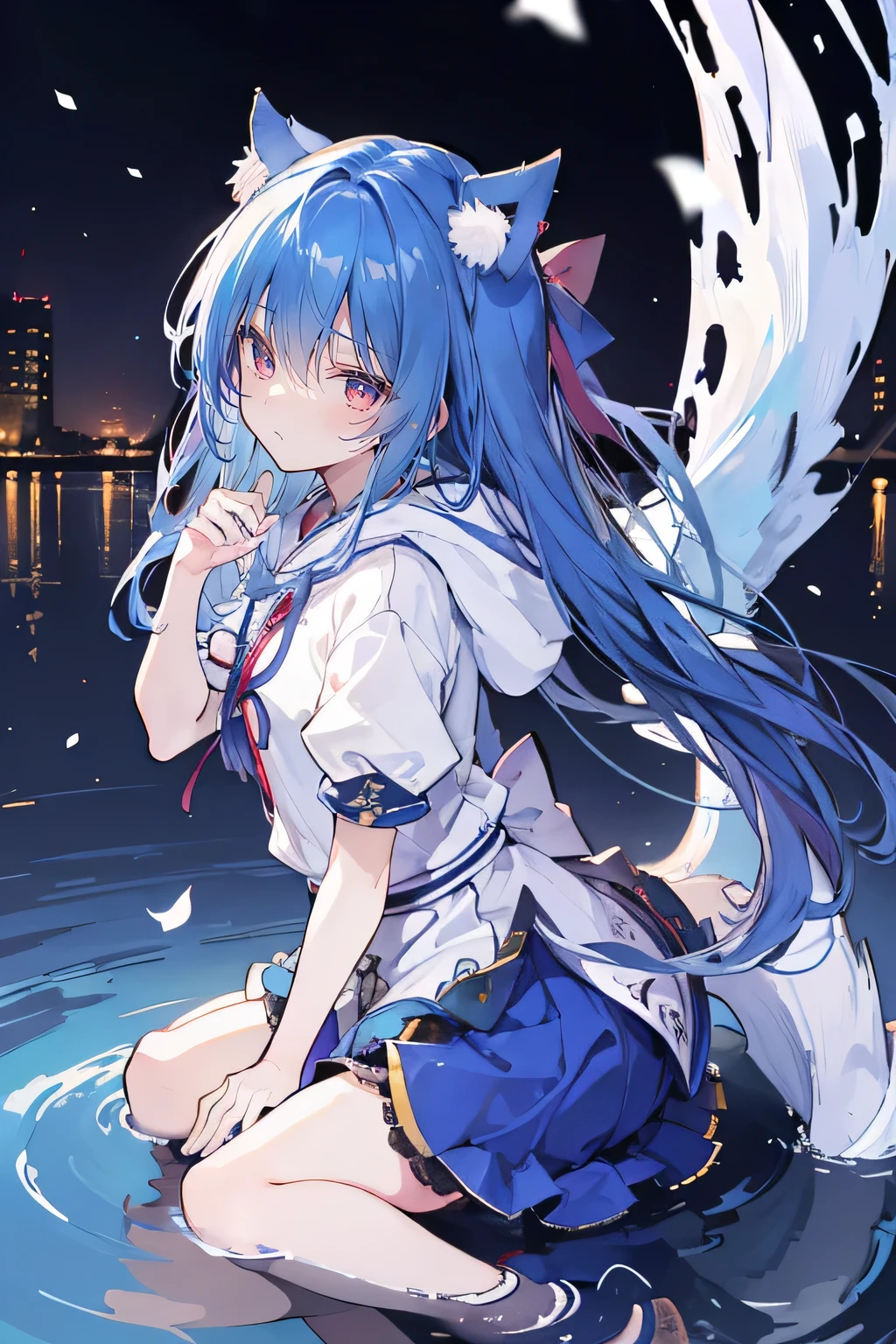 (masterpiece:1.2),Super detailed,lifelike,Expressive eyes,fair skin,perfect face shape,1 girl,
Japanese comics,Gorgeous blue hair,flowing blue hair,flowing clothes,Cat ears,Petals fall,beautiful lola,Baby Angel,
Shaking head with one hand,Cross your legs,Gentle and peaceful background,The pavilion is cool and comfortable,smile, wearing hoodie, background of tokyo,back views,snowing, winter,lie on the water,Reflection on the surface of the water,Full moon night。