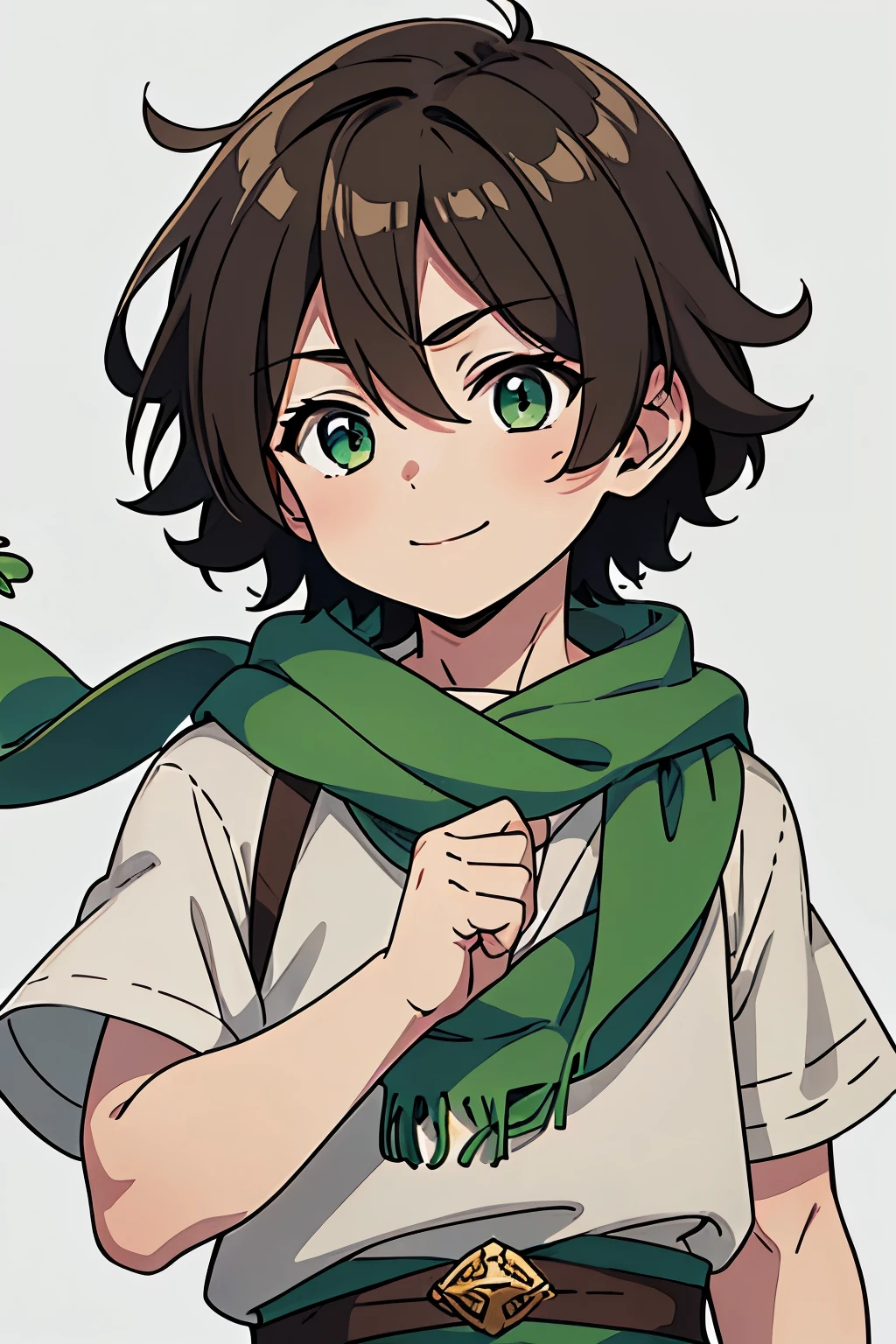 (high-quality, breathtaking),(expressive eyes, perfect face) 1boy, male, solo, toddler age, short height, age 5, dark brown color hair, green eye color, spiked fluffy hair, wavy hair, short hair length, cute smile, childlike face, white tunic, green trim, green scarf, Symmetrical Eyes, portrait, positive expression, grey background, greek clothes, Hades Style clothing, Achilles scarf