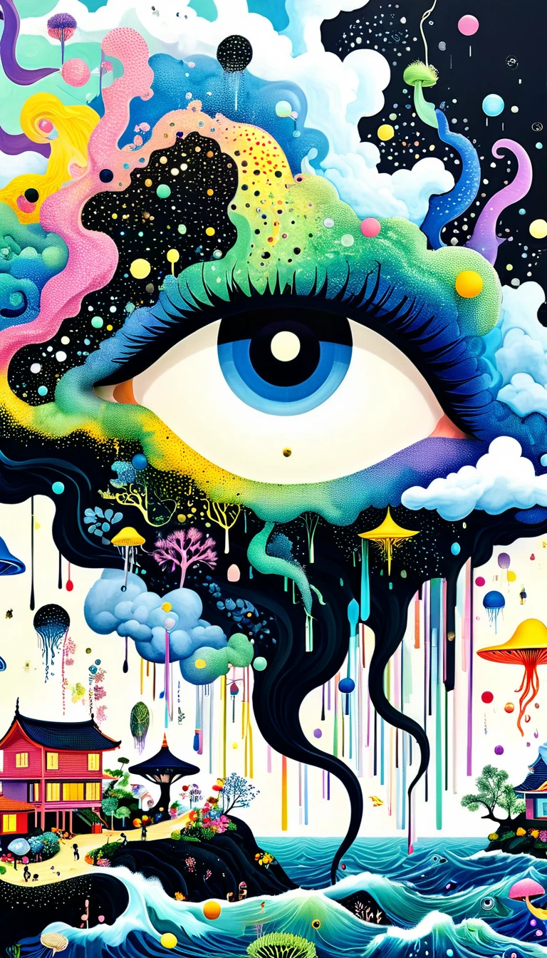 Broto art style,Strong visual fusion of multiple elements,来自Star的艺术家,Colorful black,Dopamine color scheme,house、Eye、pearl珠帘、pearl、Star、cloud、fish、Spore powder、Ocean、rain、Tentacles,Describing the inner world of autistic people,密集Pointillism method。Smooth lines。interesting,Strange illustration。Pointillism method。Strong contrast。Award-winning works。