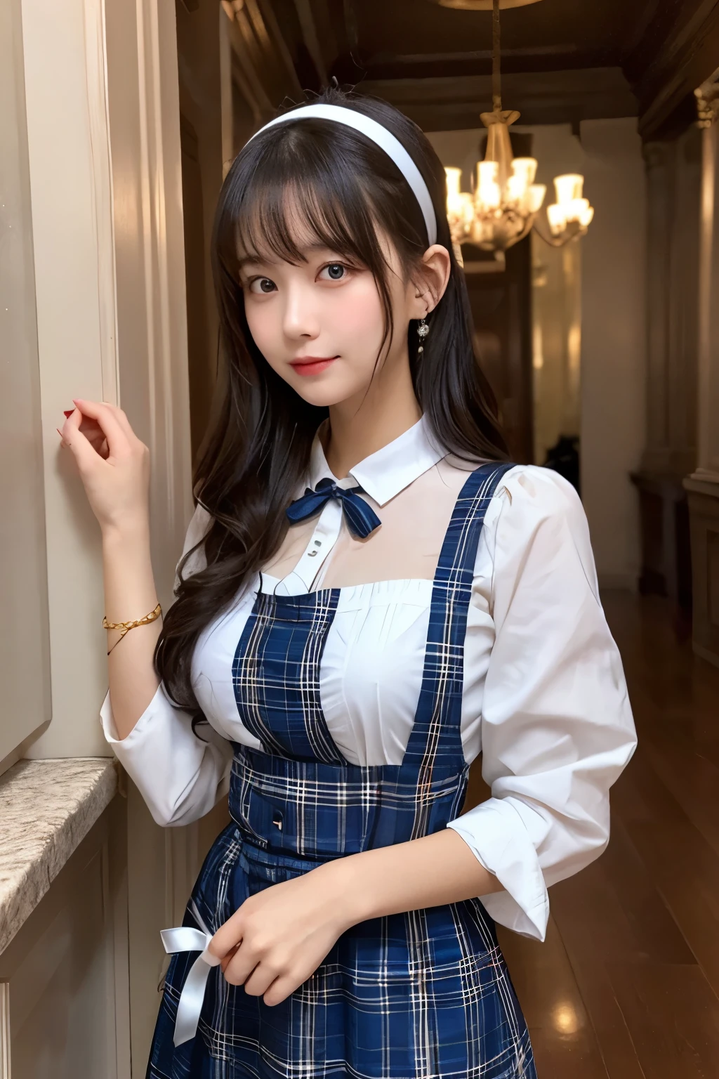 Detailed image of a young female character standing in a grand hall lined with marble columns。She has short, wavy blue hair、Has side fringe、Adorned with a white frilly headband and blue ribbon。Big blue eyes are kind、He has a slightly sad expression、There is a slight redness on the cheeks。She is wearing a classic maid outfit.、In a black puff sleeve dress、White apron with lace trim、And a blue ribbon on the neckline.。The apron has gold teardrop decorations.、It is secured by a thin gold chain。She is holding the skirt of her dress with one hand、It is lifted a little、Her other hand is delicately placed to touch the ribbon on her chest.。In the background there is a blurred white decorative building.、The soft, indirect lighting creates a calm and elegant atmosphere.。smile、Large Breasts、Red plaid apron、Colorful hair colors、ランダムでセクシーなポーズ