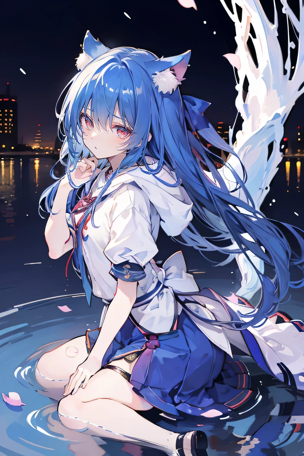 （masterpiece：1.2），Super detailed，lifelike，Expressive eyes，fair skin，perfect face shape，1 girl，
Japanese comics,Gorgeous blue hair,flowing blue hair,flowing clothes,Cat ears,Petals fall,beautiful lola,Baby Angel,
Shaking head with one hand，Cross your legs，Gentle and peaceful background，The pavilion is cool and comfortable,smile, wearing hoodie, background of tokyo,back views,snowing, winter,lie on the water,Reflection on the surface of the water，Full moon night。