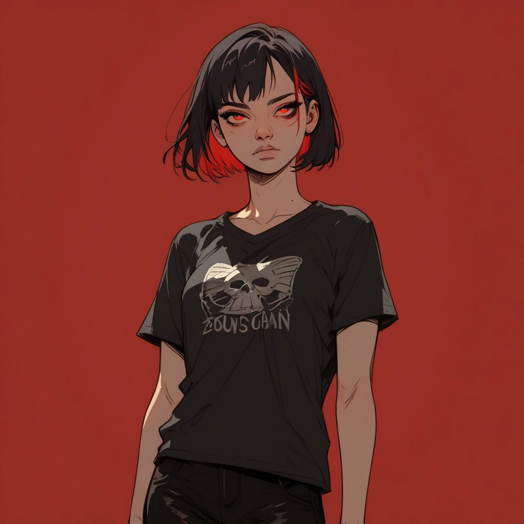 (score_9, score_8_up), score_7_up, zPDXL, 1girl, Asian, short black t-shirt, black pants, short black hair with red highlights, red eyes,, red background, film grain, cowboy shot sinozick style