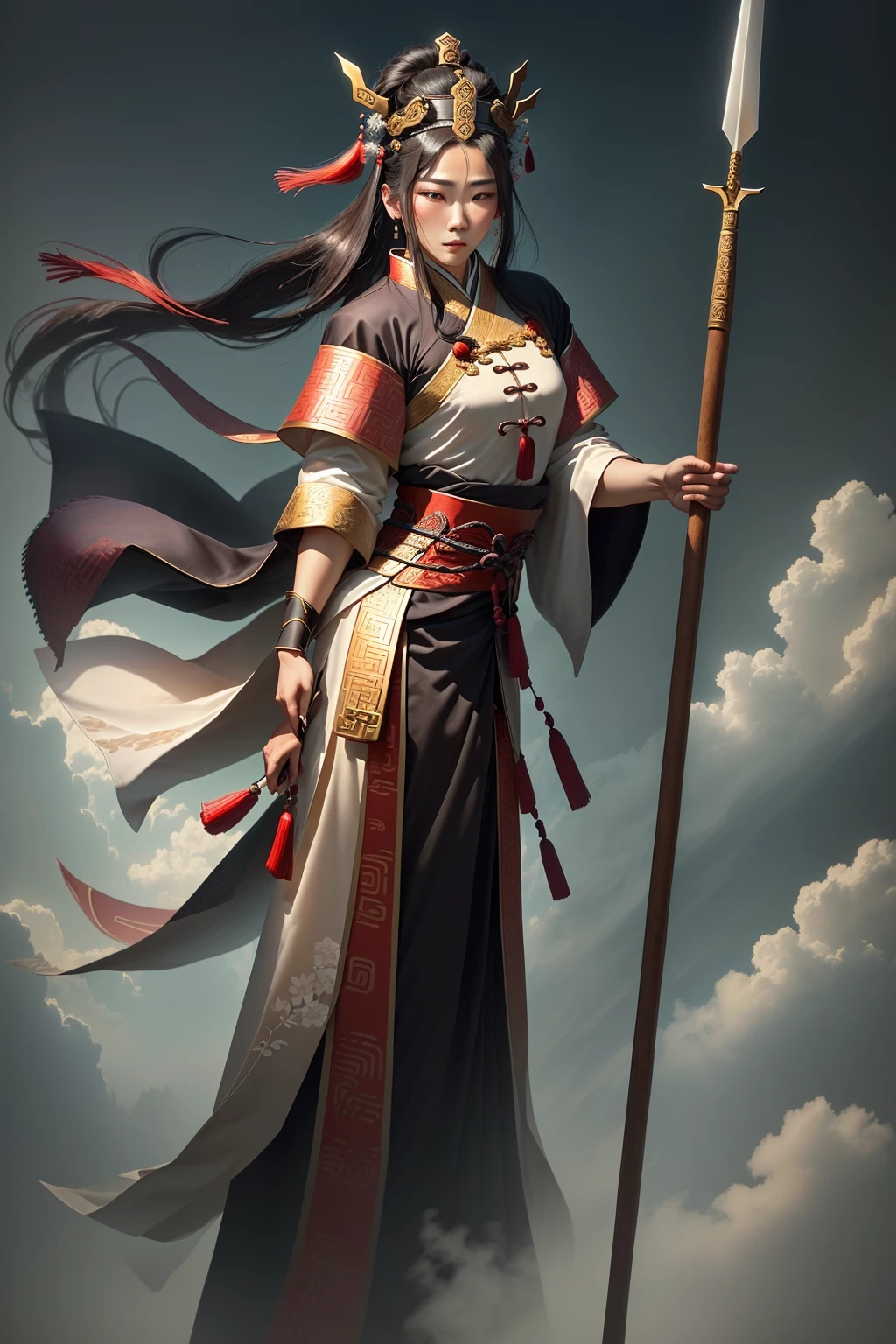 oriental-like、a adult man wearing ancient Chinese, Yuanyou Guan (Yuanyouguan), Han Tang Song Ming headdress, ancient chinese hairstyle, a little high, three kingdoms, character is standing, holding a spear, top-quality, masterpiece, A high resolution、(Photorealsitic:1.4), Game Posters, Black clothes, long beard