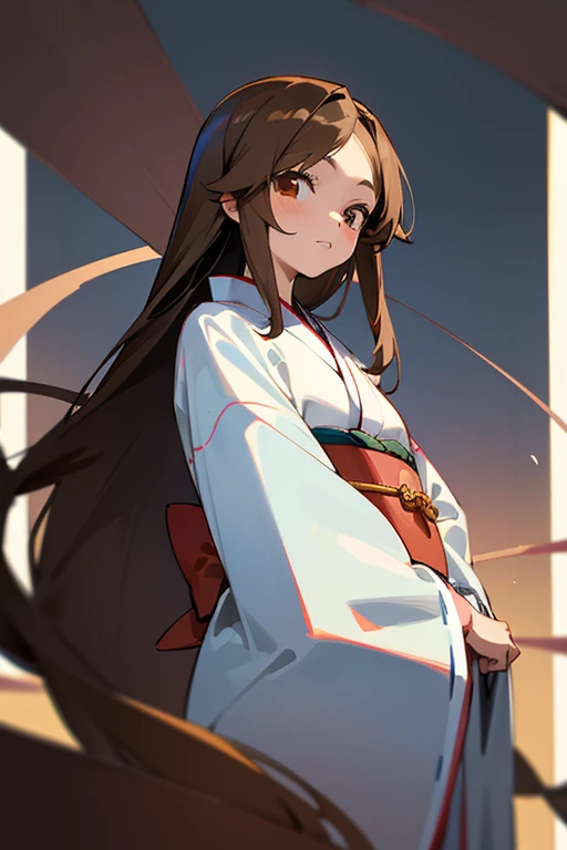 Draw a drawing of a girl with these characteristics 1.70 m, with long straight brown hair, brown eyes and softer, more feminine facial features and wearing a kimono, anime version