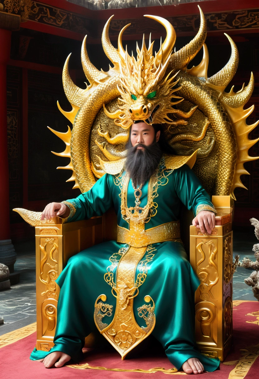 High quality, Masterpiece, (Realistic, photo-realistic:1.2) ,High definition, Ultra detailed, RAW photo, Chinese mythology, East Sea Dragon King, Majestic, Powerful, (Ancient deities:1.3), (Serpentine:1.2), (Beard and mustache:0.8), (Whiskers:0.9), (Huge size:1.5), scales, Vibrant colors, Shimmering water, (the reef:1.1), (Golden crown:1.2), (Dragon-shaped throne:1.4), (Flowing robes:1.1), (Dragon-shaped beard ornaments:1.3), (Emerald eyes:1.2), (pearls necklace:1.2), (Golden Trident:1.4), (levitating:1.1), (Sky clouds:1.3), (shimmering dazzling lighting:1.2), (Crashing waves:1.3), (A palace full of treasures:1.5), (Schools of colorful fish:1.2), (an underwater city:1.4), magnifica, Mythical, Magnificent, Extensive and detailed, standing apart, Traditional Chinese architecture.