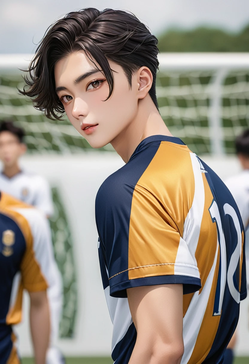 (masterpiece,Highest quality,Ultra-high resolution),Japanese, (((Very beautiful 15 year old boy))), A cute boy、Look at the photographer､  Very cute face, Glossy Lips, Double eyelids on both eyes,Natural smile、 Natural Makeup, Long eyelashes, Shiny and smooth hair､Center image,  Perfect limbs, Perfect Anatomy,(((Soccer uniforms)))、(((Looking Back)),