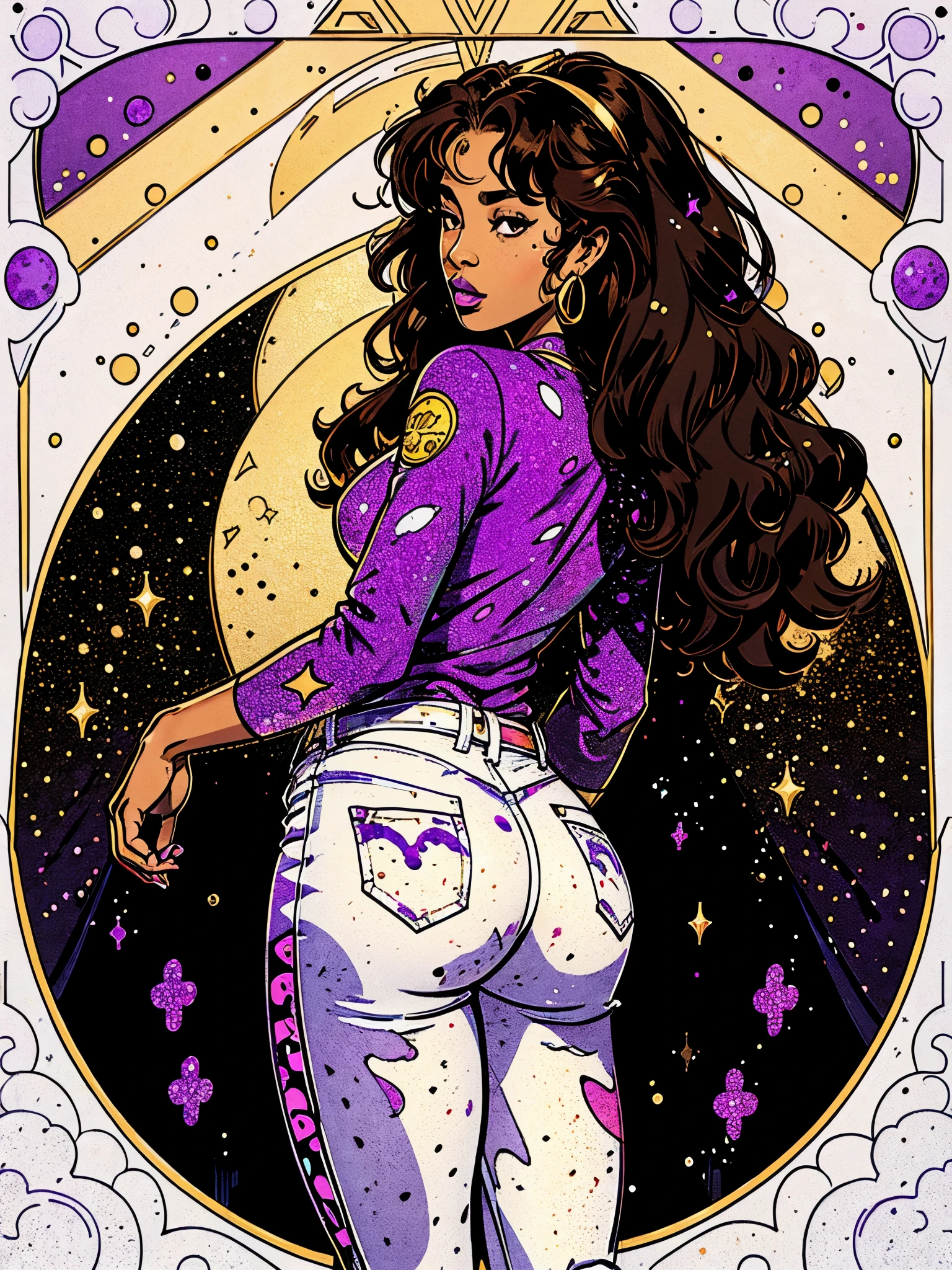 (masterpiece, best quality:1.2),illustration art，Kusama Yayoi's style，a beautiful black girl，view from behind，side angle，black skin detail processing，The brown eyes are very detailed with golden tones，black long curly hair，with large huge round ass，ecchi，full purple lips，purple top，white tight jeans，(((Speckled pattern)))，white，yellow gold，purple， 