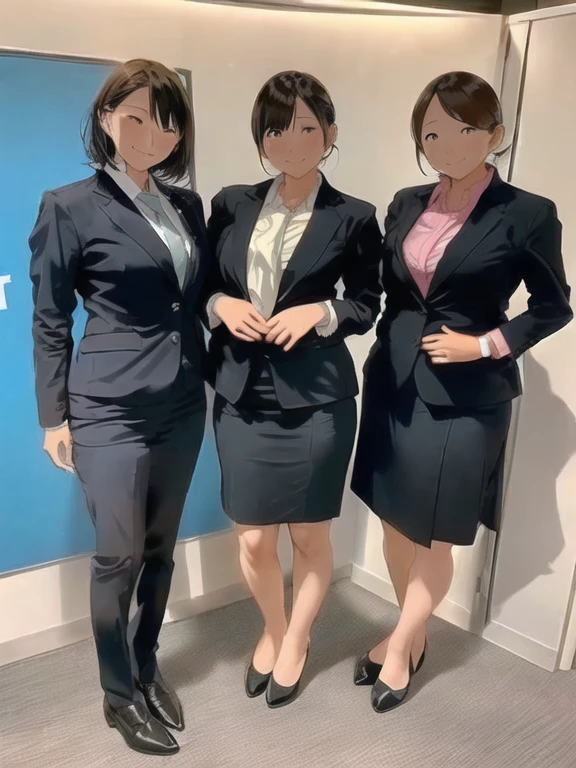 three asian women in ビジネスsuit posing for a picture, wearing suit!, Office Clothes, ビジネスsuitを着用する, suitを着た女の子, ビジネスsuitを着ている, suitを着た女の子, 厳格なビジネスsuitを着ている, ビジネスsuit, Meeting Preparation, Business attire, 厳格なsuitで, suit, ビジネスsuitを着て, wearing a suit, business attire, Work clothes