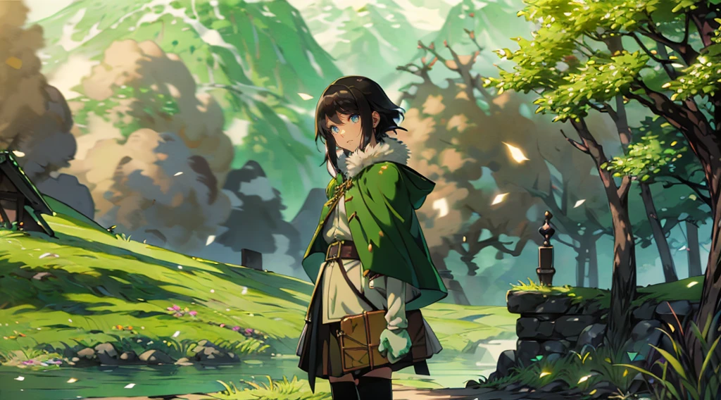 yuichiro hyakuya girl, (WithoutFear:1), 1 girl, black hair, green eyes, brown coat, gray armor, elves, sylvan, green shield, green cloak, dark brown gloves, forest, white fur trim, anime, standing, good quality, portrait, looking at viewer
