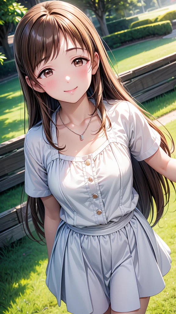 Highest quality、high resolution、High definition、HD、sports gym、(Nitta Minami、Long Hair、Medium chest、Brown Hair、Brown eyes、Glossy lips、Glowing Skin、Realistic skin texture、White blouse、necklace、Denim long skirt、A walk in the park、Date)、Love me、blush、Open your mouth、smile)、(Top view)