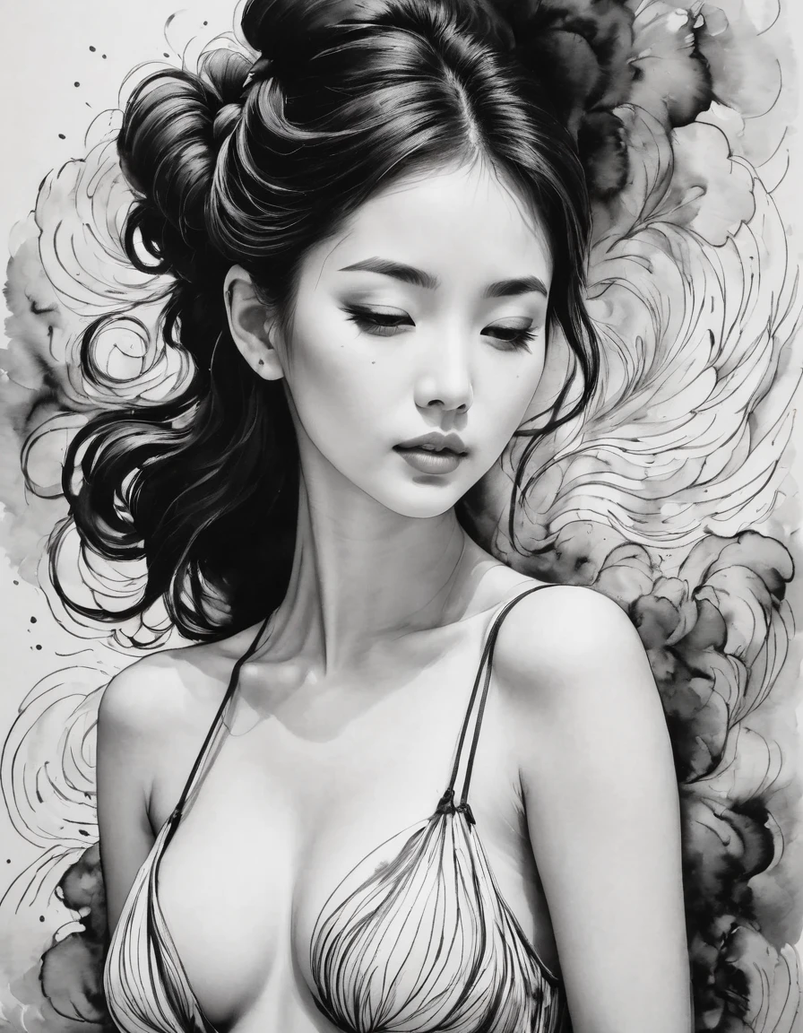 Chinese traditional ink body art style, (Use simple lines to outline a woman’s graceful figure），Take a step back, undulating lines, Thick and thin lines, (body art）,
line art, Black and white painting,character drawing,line art,lyrical abstraction, Fountain Pen Art,Gel Pen,crayon art,