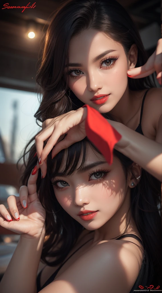 detailed woman face looking at camera, brown dark eyes, Panas (((thick red lips))), mouth open with sensuality, fix deformed fingers, pPanasorealistic, sharp eyes, (((eyes to the camera))) smiling lightly