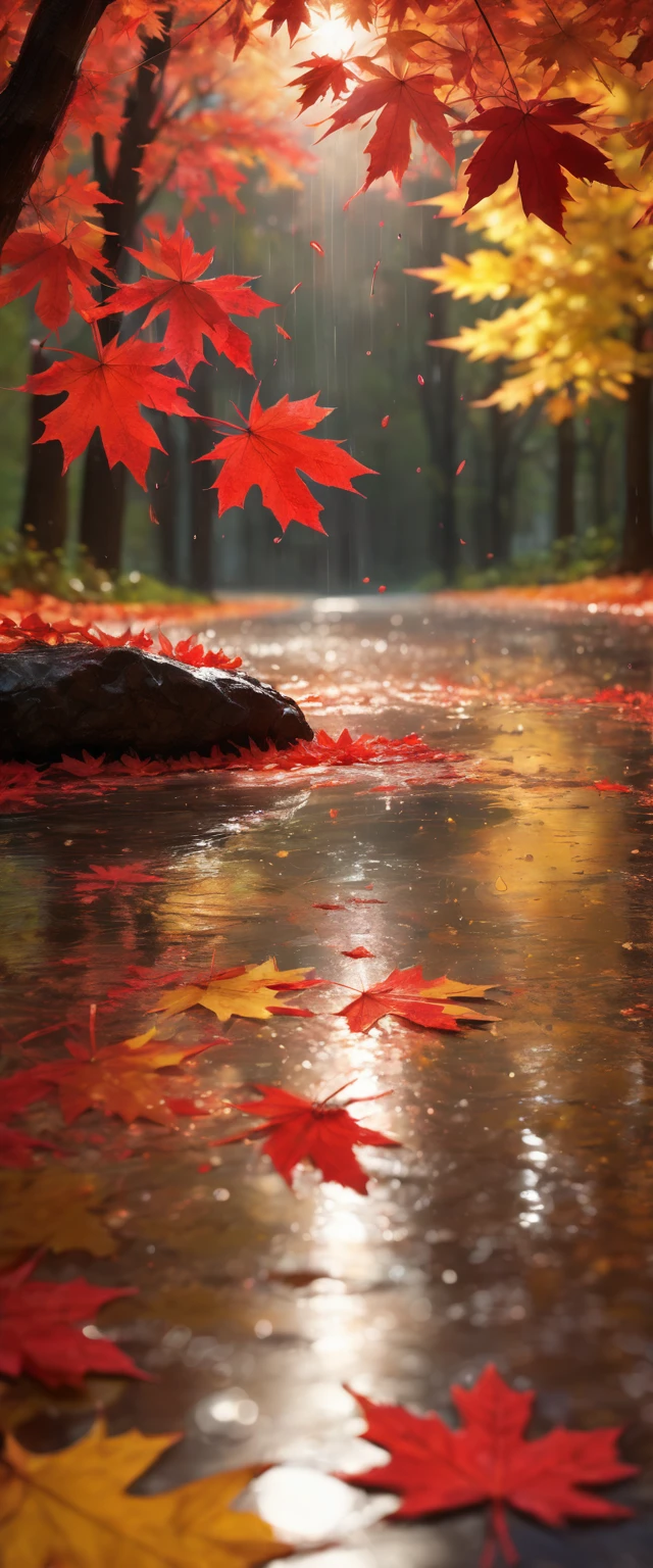 masterpiece,best quality,rain style,sunlight,light,puddle,beautiful lighting,blowing,reflection,autumn leaves,maple leaf,red particles,depth of field,forest,
