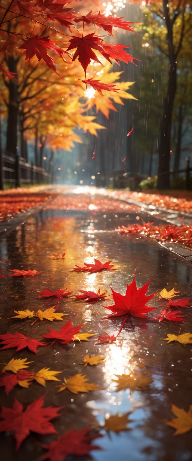 masterpiece,best quality,rain style,sunlight,light,puddle,beautiful lighting,blowing,reflection,autumn leaves,maple leaf,red particles,depth of field,forest,
