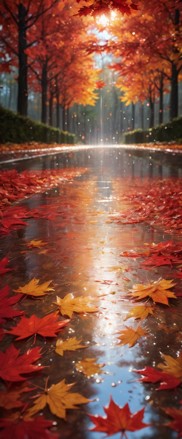 masterpiece,best quality,rain style,sunlight,light,puddle,beautiful lighting,blowing,reflection,autumn leaves,maple leaf,red particles,depth of field,forest,