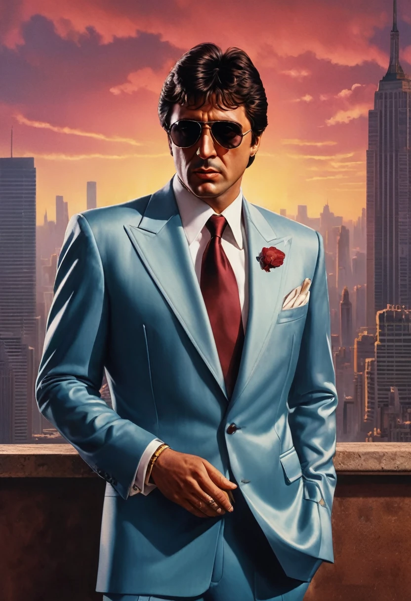 (best quality,4k,8k,highres,masterpiece:1.2), ultra-detailed, (realistic,photorealistic,photo-realistic:1.37), a poster of Tony Montana, 1980s style clothing, the background with the Twin Towers in the year 1992, vibrant colors, dynamic lighting, digital artwork, iconic pose, gritty atmosphere, cinematic composition, retro vibes, vintage aesthetics, intricate details, sharp focus, intense gaze, stylish sunglasses, slicked-back hair, tailored suit, power stance, smoking cigar, iconic scarface, film noir influence, urban setting, bustling cityscape, iconic skyline, nostalgic feel, dramatic shadows, iconic symbol, historical reference, art deco architecture, vivid neon lights.