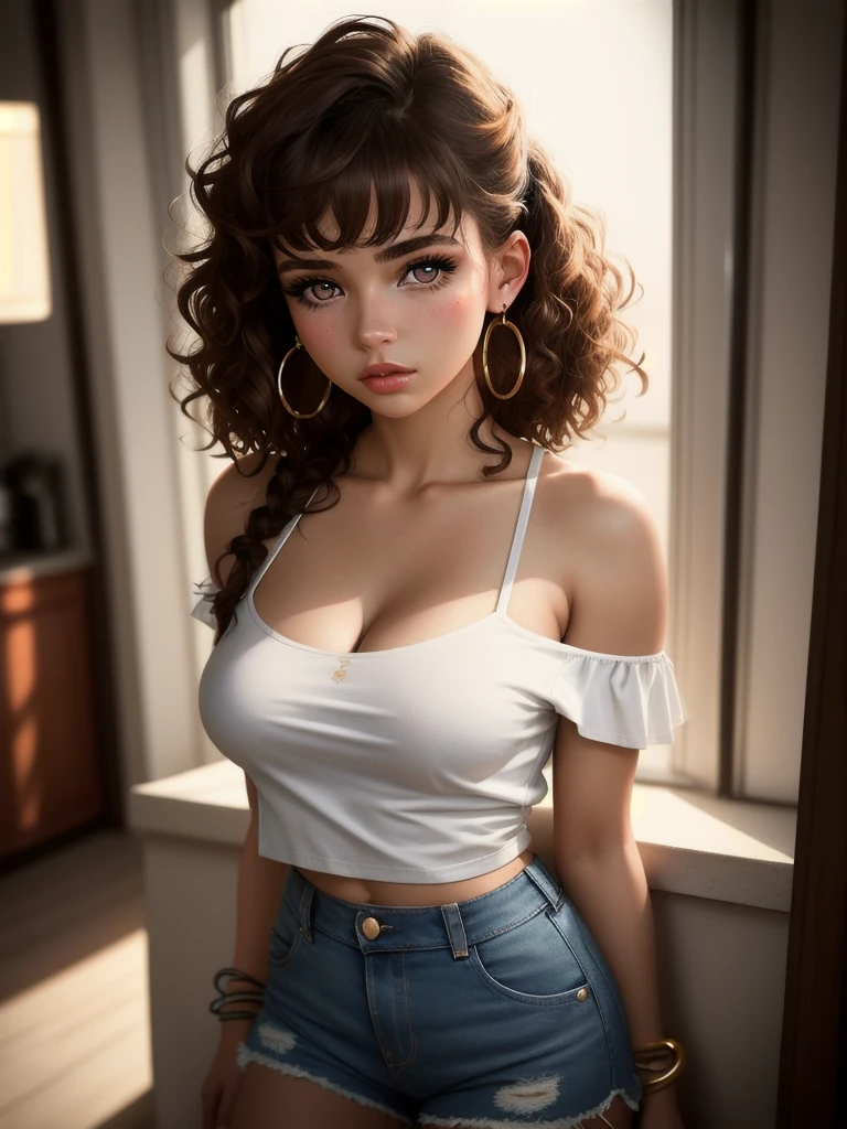 illustration, style of Philip Lorca diCorcia, cinematic film still portrait of young girl aged 18 yrs old, 1girl, solo, Instagram model, athletic figure, modest bust size, deep cleavage, cute face, wearing an off the shoulder white T-shirt, wearing jean shorts, light brown hair, short curly hair, crossed bangs, brown eyes, constricted pupils, hair ribbon, hoop earrings, cinematic lighting, Ultra-Wide Angle, Canon, Hyperrealism, UHD, masterpiece, textured skin, high details, best quality, detailed eyes, detailed iris