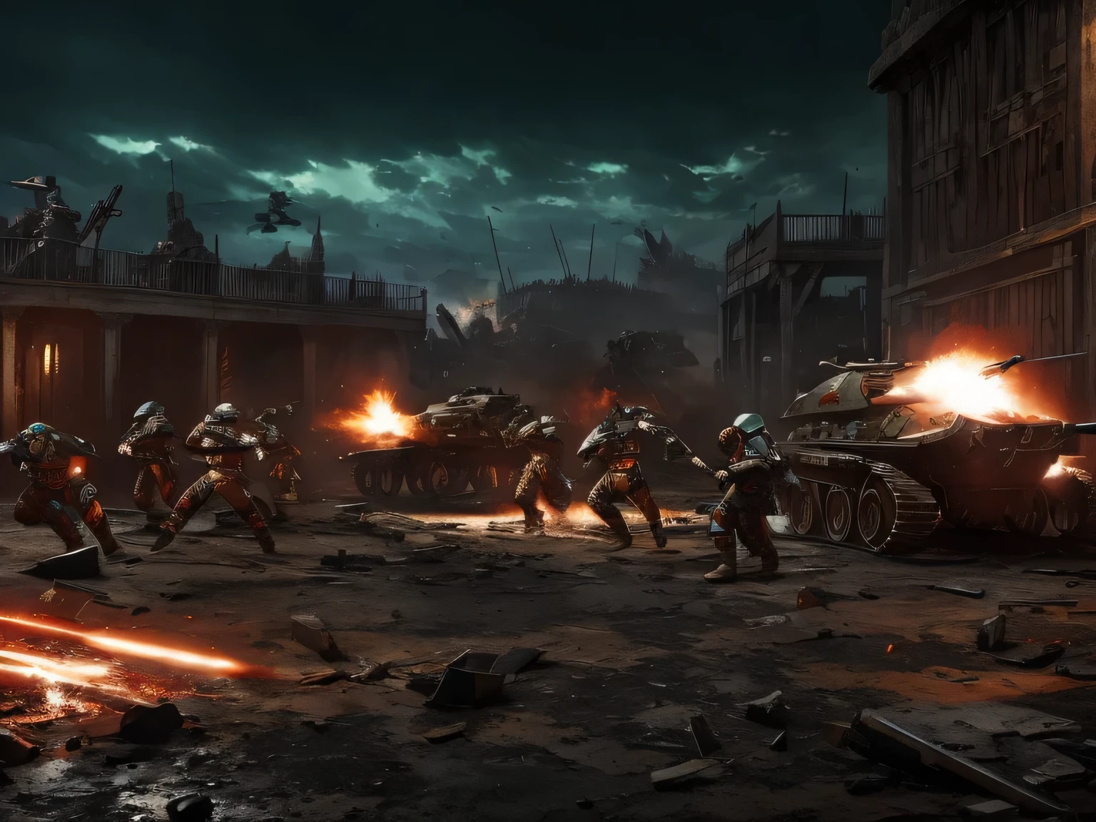 Main character: spartan 117 (Master Chief) in his iconic green armor with the golden visor. Must be in a fighting position, firing his assault rifle with one hand while holding a plasma grenade in the other. Opponents: Soldiers of the Inquisition: Dressed in black and red armor, carrying energy weapons and chainswords. Deben estar avanzando hacia spartan 117, some shooting and others in hand-to-hand combat. Sisters of Battle: Warrior women in power armor, mainly white and black with red and gold details. They must be using boltguns and flamethrowers, participando activamente en la batalla alrededor de spartan 117. Environment: Un campo de batalla devastado con debris y humo por todas partes. Explosions and sparks flying, indicating an intense battle. The sky is dark and cloudy, with lightning illuminating the scene sporadically. Additional Details: Add corpses and remains of destroyed combat vehicles to intensify the battle atmosphere. Las Sisters of Battle pueden estar apoyadas por un tanque Rhino parcialmente visible en el fondo. Include some broken banners from the Inquisition and Warhammer 40k to give more context to the battle. Color palette: Dark and gloomy tones, predominantly gray, black and red. Shiny gold and white details for armor, y verde para la armadura de spartan 117. Master Chief Visualization: In the center of the image, slightly to the left, in a dynamic posture, shooting to the right. Soldiers of the Inquisition: On the right, some advancing with energy weapons, others attacking with chainswords. Several can be seen in different combat postures. Sisters of Battle: On the left, firing boltguns and flamethrowers, algunas cubriéndose detrás de debris. One of them could be throwing a grenade. bottom: Devastated battlefield, with smoke, debris, and explosions. A parci Rhino tank
