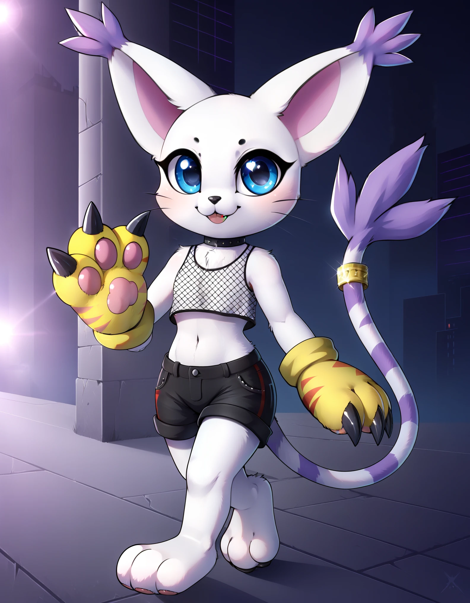 gatomon, feral, (digimon), solo, looking at viewer, blue eyes, white fur, striped tail, gloves, paw gloves, pawpads,  (masterpiece, best quality)), best res, good anatomy, cute, (sexy:1.3), ultra cute face, hot, female, smiling, extremely detailed face, 4k, happy, detailed eyes, beautiful, smiling, cute, solo, smile, tail, arms, female, walking in an abandoned city, (wearing a sleeveless fish net crop top, black choker on neck), shorts,  bare legs, gatomon, gloves, claws, tail, (tail ring), whiskers, yellow gloves, striped tail, digimon (creature), pawpads, full body view