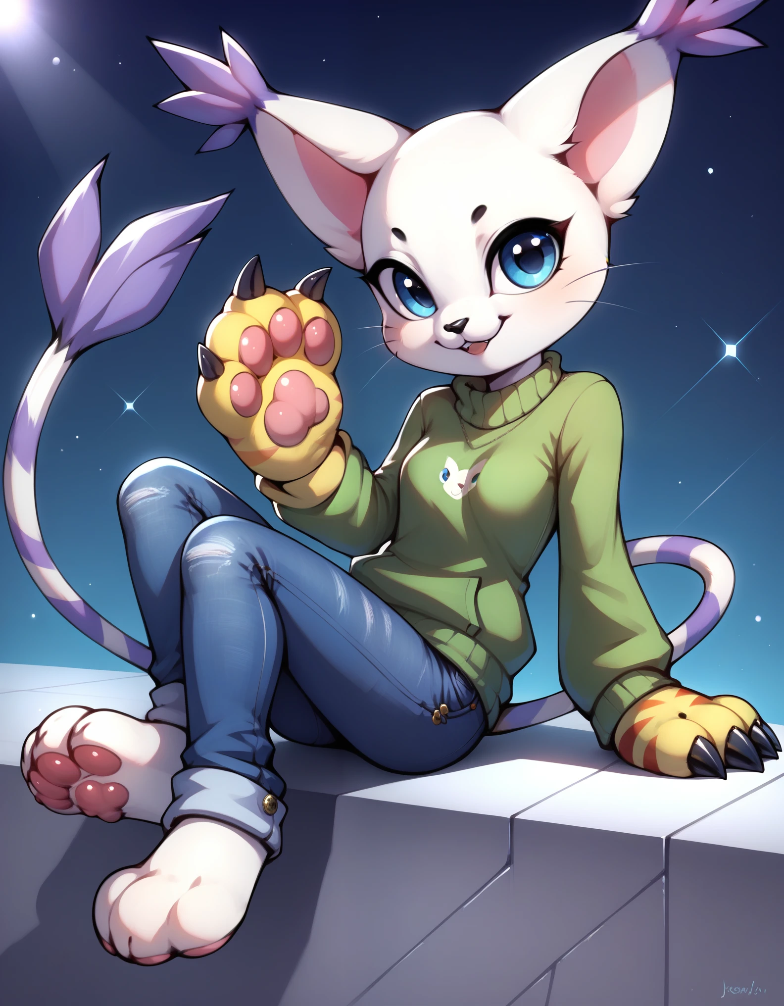 gatomon, feral, (digimon), solo, looking at viewer, blue eyes, white fur, striped tail, gloves, paw gloves, pawpads,, digital_media_(artwork) hi_res, score_9, score_8_up, score_7_up, score_6_up,  rating_safe, beautiful, anthro, furry, female, slim, slender, small breasts, cute, sweater, denim jeans, multicolor hair, streaked hair, red blue blonde silver hair, blonde fur, beautiful blue eyes, smile, solo, SFW, Gatomon,