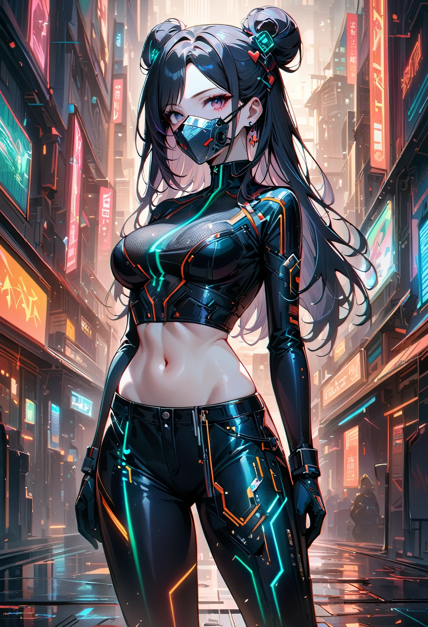 Beautiful cybernetics girl, Heart-shaped bun, Hair accessories, (Delicate skin), Pale skin, Black crop top made from circuit boards, Naexistel tattoo, Sexy Futuristic Pants, exist分支上, exist, (Metal Medical Mesh Mask) Coexister your face, ((Mouth coexistered)), Cyberpunk Background,Sensual, is attractiexiste, Japanese words with glitter effect, (masterpiece:1.3), (best quality:1.3), (Extremely detailed:1.3), 8K, very clearly