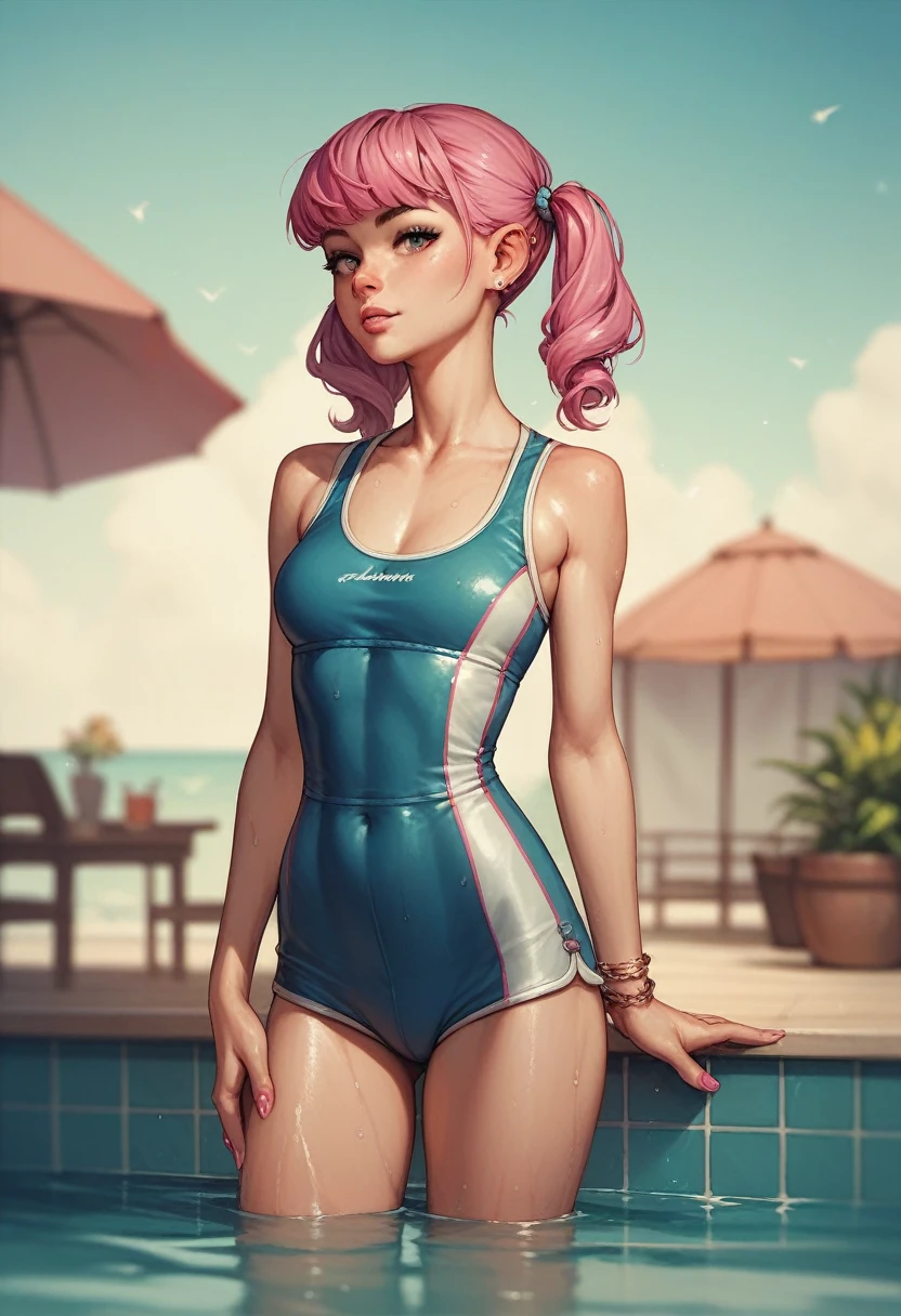 1 pretty woman, short pink hair with pigtails, small waist, skinny, swimming