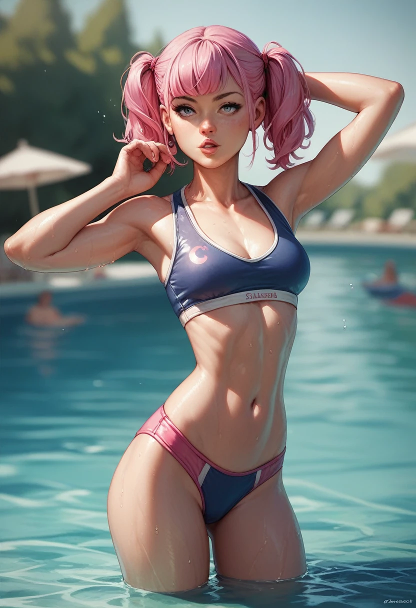 1 pretty woman, short pink hair with pigtails, small waist, skinny, swimming