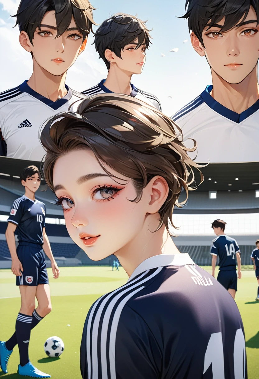 (masterpiece,Highest quality,Ultra-high resolution),Japanese men, (((Very beautiful  boy))), One Cute Boy、Look at the photographer､  Very cute face, Glossy Lips, Double eyelids on both eyes,Natural smile、 Natural Makeup, Long eyelashes, Shiny and smooth hair､Center image,  Perfect limbs, Perfect Anatomy,(((Soccer uniforms)))、(((Looking Back)),