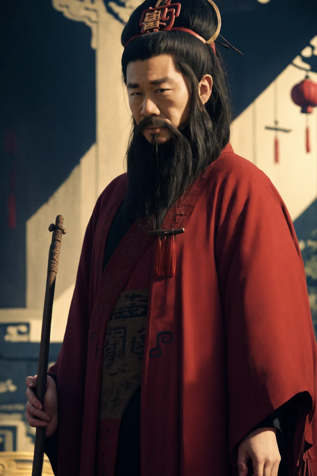 oriental-like、a adult man wearing ancient Chinese, Yuanyou Guan (Yuanyouguan), Han Tang Song Ming headdress, ancient chinese hairstyle, a little high, three kingdoms, character is standing, holding a spear, top-quality, ​masterpiece, A high resolution、(Photorealsitic:1.4), Game Posters, Black clothes, long beard