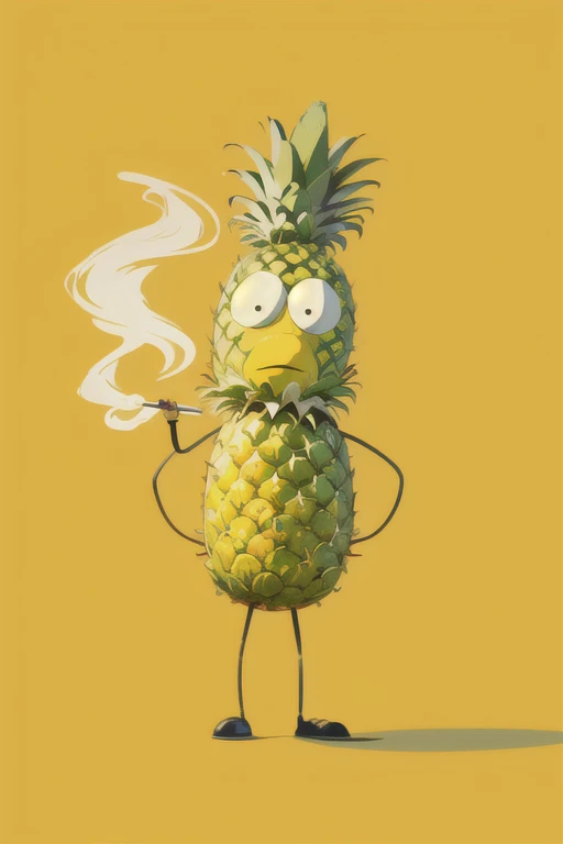 masterpiece,high quality,a pineapple,cartoon character, annoyed face. with cup of coffee and cigarettes