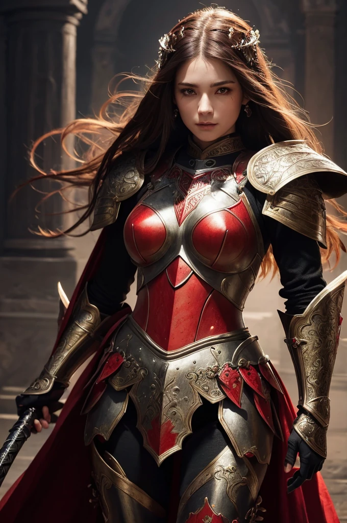 A masterpiece, (intricate, highly detailed), epic fantasy art: a beautiful female knight in red and black separated costume, shining armor, glowing sword, confident, strong pose, flowing hair, piercing gaze, dramatic lighting, trending on artstation.