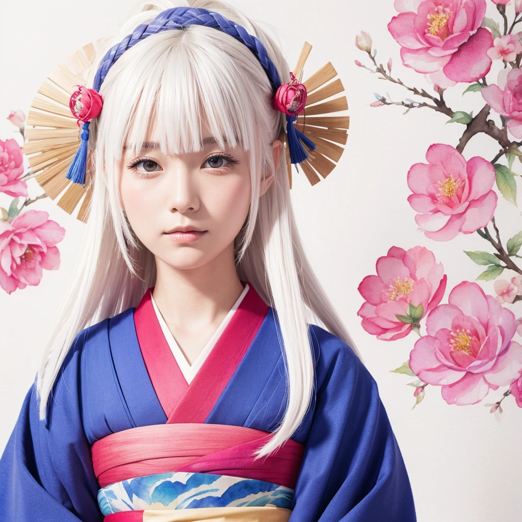 Woman in Japanese clothing, face, background is white, watercolor, colorful, hair color is white
