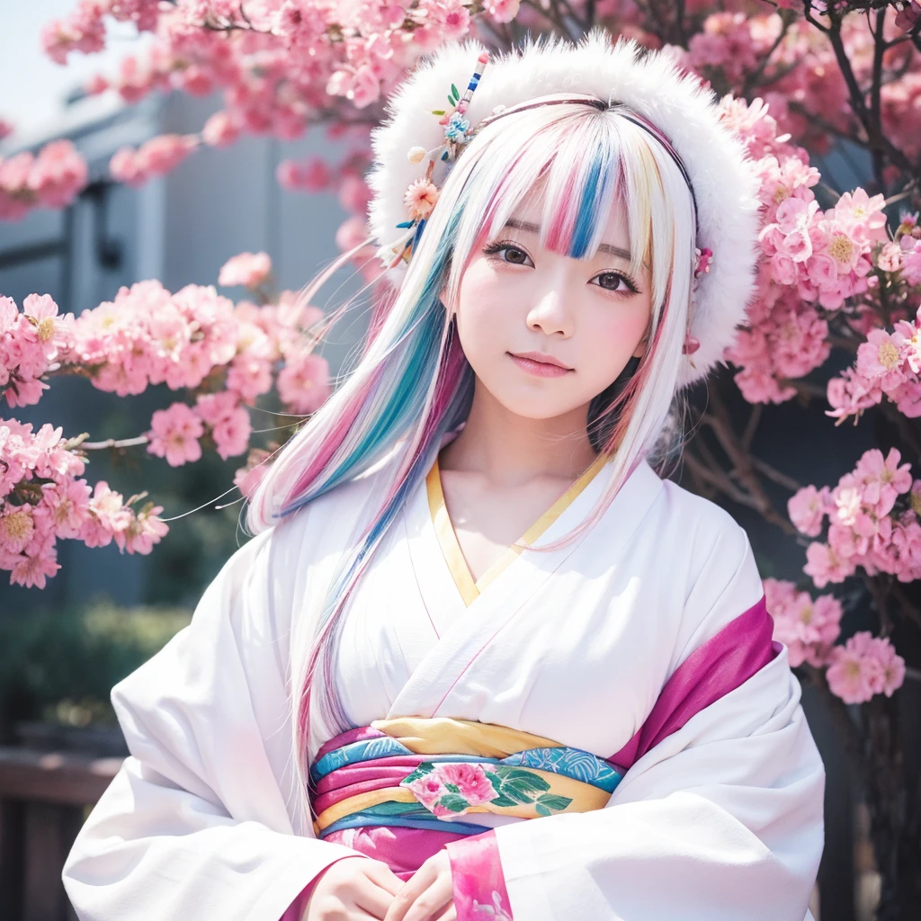 Woman in Japanese clothing, face, background is white, watercolor, colorful, hair color is white