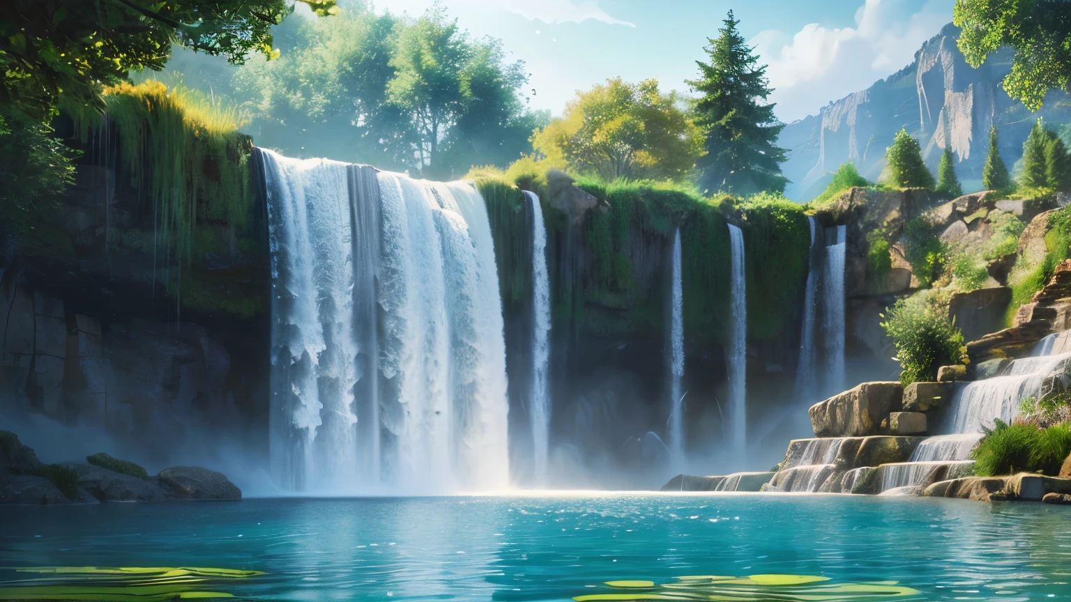 (Realistic, Photorealistic:1.4), Beautiful illustration, fantasy world, high land, Lake side , Floating Fountain, floating water fall