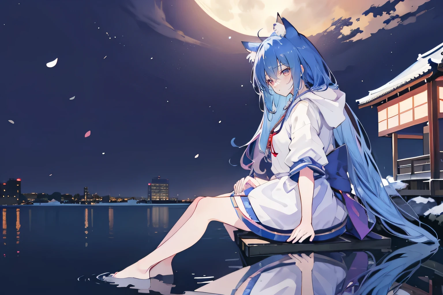 (masterpiece:1.2),Super detailed,lifelike,Expressive eyes,fair skin,perfect face shape,1 girl,
Japanese comics,Gorgeous blue hair,flowing blue hair,flowing clothes,Cat ears,Petals fall,beautiful lola,Baby Angel,
Shaking head with one hand,Cross your legs,Gentle and peaceful background,The pavilion is cool and comfortable,smile, wearing hoodie, background of tokyo,back views,snowing, winter,lie on the water,Reflection on the surface of the water,Full moon night。