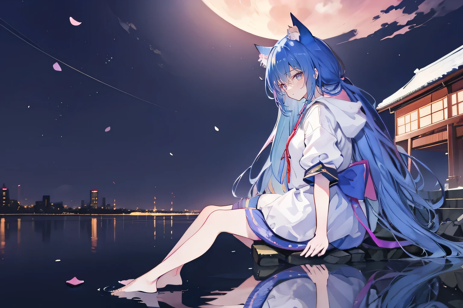 （masterpiece：1.2），Super detailed，lifelike，Expressive eyes，fair skin，perfect face shape，1 girl，
Japanese comics,Gorgeous blue hair,flowing blue hair,flowing clothes,Cat ears,Petals fall,beautiful lola,Baby Angel,
Shaking head with one hand，Cross your legs，Gentle and peaceful background，The pavilion is cool and comfortable,smile, wearing hoodie, background of tokyo,back views,snowing, winter,lie on the water,Reflection on the surface of the water，Full moon night。