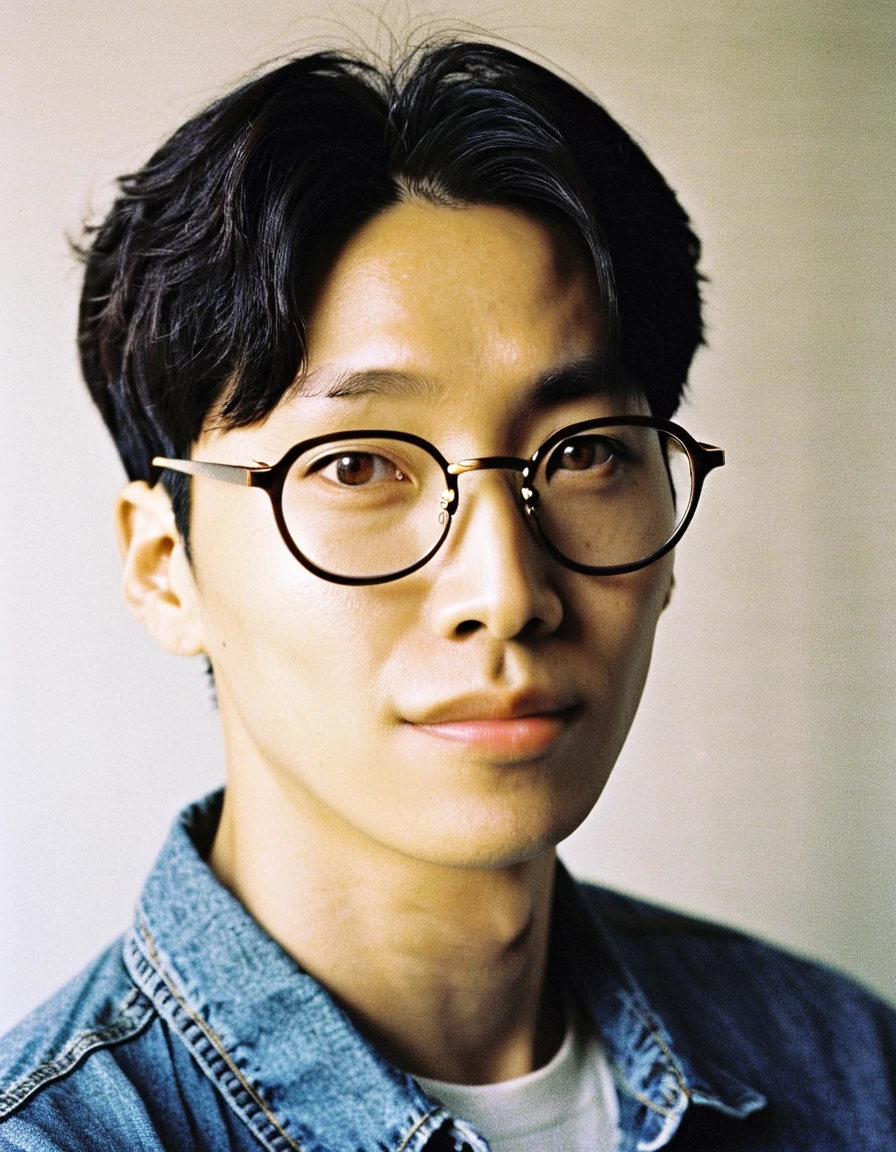 East handsome man,close-up portrait, young adult, (이준기 look like:0.7),smiling, crew cut hair, droopy brown eyes, droopy wavy nose , round glasses, looking at camera, neutral expression, denim shirt, close-up, plain background, soft lighting, headshot, film grain, soft focus, pensive look, portrait photography, natural skin tone, indoors