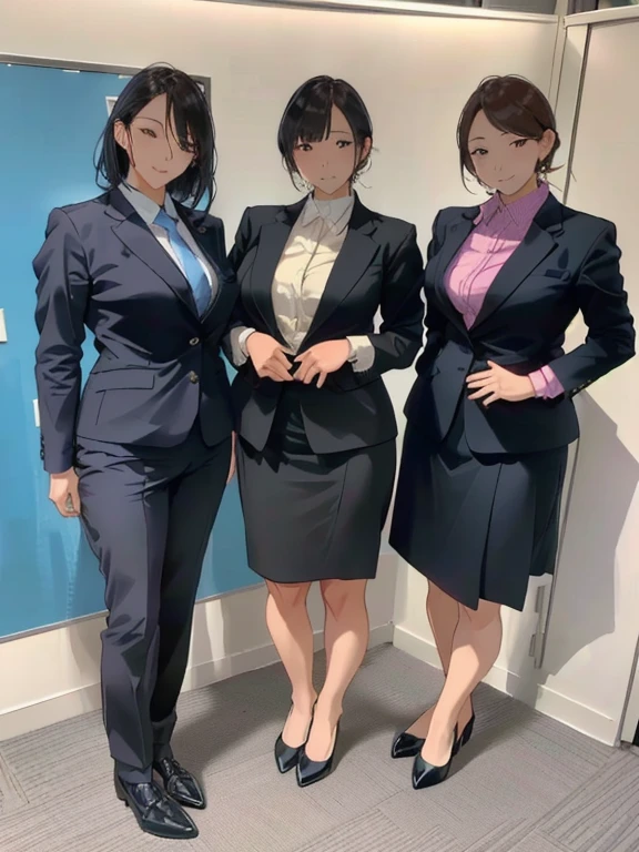 Three women in business attire standing side by side, wearing suit!, 厳格なビジネスsuitを着ている, 厳格なsuitで, 厳格なsuitを着た, wearing a suit, ビジネスsuitを着用する, suit, Office Clothes, Height: 155cm, Height: 165cm, ビジネスsuitを着ている, ビジネスsuitを着て, Meeting Preparation, Work clothes