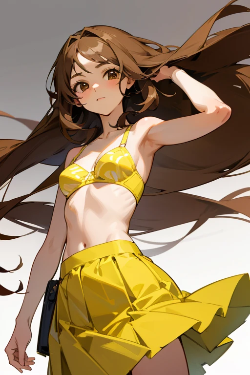 Draw a drawing of a girl with these characteristics 1.70 m, with long straight brown hair, brown eyes and softer, more feminine facial features and wearing a yellow skirt and bra,anime version