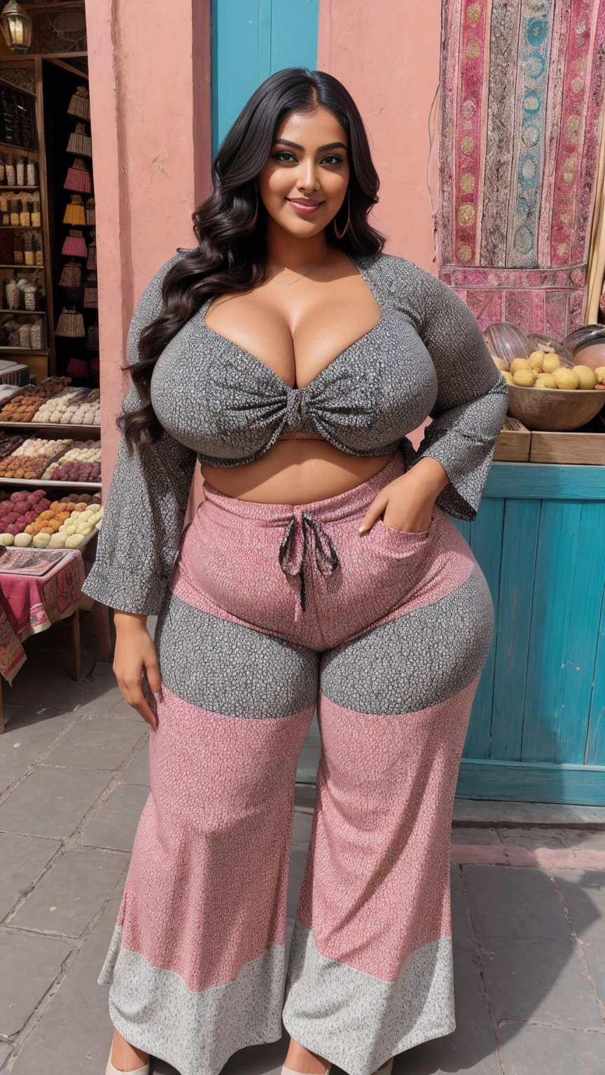 Indian gorgeous curvy plus size actress sreelekha mitra , glowing eyes, wearing SHEIN Striped Print Patch Pocket Wide Leg Pants Color: Pink , covered Bust, parted lips, blushing cheeks, thick thighs, bigger waist, busty, curvy plus size body, full body, full body shot, head to toe view, hourglass body, curvy plus size body, smile face, bigger waist, busty, big hips, fleshy thighs, thick thighs, busty, full body view, Marrakech Souks, Morocco: Vibrant markets with colorful textiles and spices.
