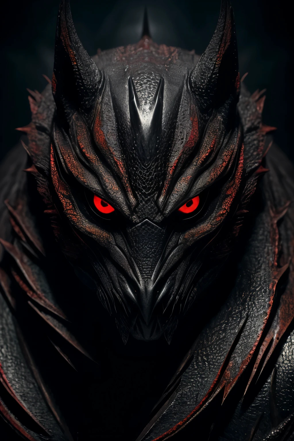 A mystical creature shrouded in darkness, with piercing red eyes glowing ominously, emerges from the depths in a captivating close-up shot. The layer features a balanced dark theme, with no background to distract from the ominous creature's detail. The creature's scaly skin is heavily textured, revealing intricate patterns that hint at its mythical origins. The close-up shot allows for a detailed examination of its sharp fangs and menacing claws, adding to its sinister allure. This image is crafted in a dark theme, with a focus on the creature's striking features and a subtle highlight that adds depth and drama. The overall effect is a haunting