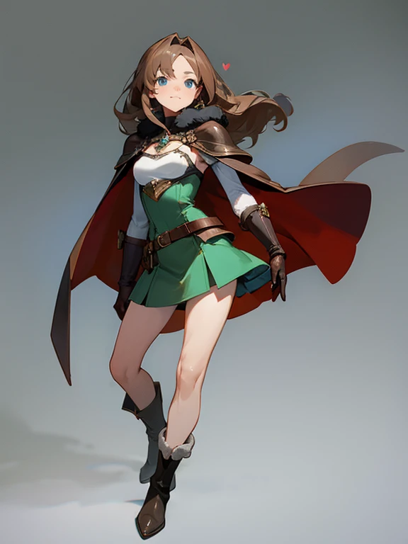 imagine in a full body image with full 4k quality, ultra detailed. a mature girl with a perfect curvy body, small breasts, hip bones, Perfect face, beautiful blue eyes, long brown hair styled in a drill hair style. wear a beautiful mini dress in green tones in a magical girl style, a leather armor (heart breastplate, leather shoulder pad, heeled leather boots, leather gloves, wide belt, kneepads, Coders, fur cape). He stands with his legs apart on a gray background, his expression is loving with a, a loving smile and tender look looking at the viewer.