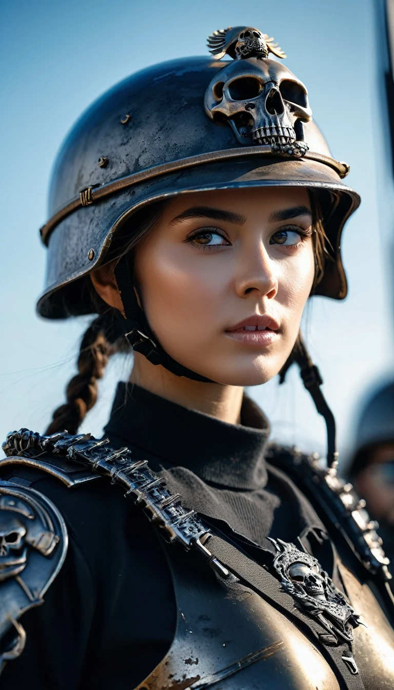 Close-up of beautiful girl, military outfit with military helmet, skull army background; destructive war scene, destroyer bones; skull decoration; menacing, fantastical style; iron armor with skeleton decoration; cinematic colors.
Photo taken with Canon EOS R5 85mm f/11 Camera, ((sharp)) mode of the girl and the surrounding scenery. Image quality ((8K)), ((lifelike)), ((masterpiece)), ((sharp and highest contrast)), ((great depth of field)), ((light stereolithography)).
