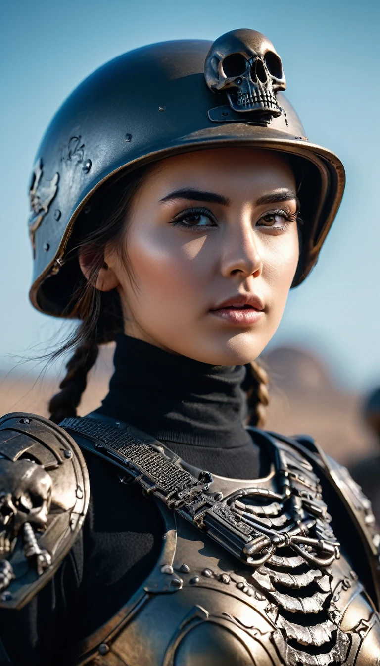 Close-up of beautiful girl, military outfit with military helmet, skull army background; destructive war scene, destroyer bones; skull decoration; menacing, fantastical style; iron armor with skeleton decoration; cinematic colors.
Photo taken with Canon EOS R5 85mm f/11 Camera, ((sharp)) mode of the girl and the surrounding scenery. Image quality ((8K)), ((lifelike)), ((masterpiece)), ((sharp and highest contrast)), ((great depth of field)), ((light stereolithography)).