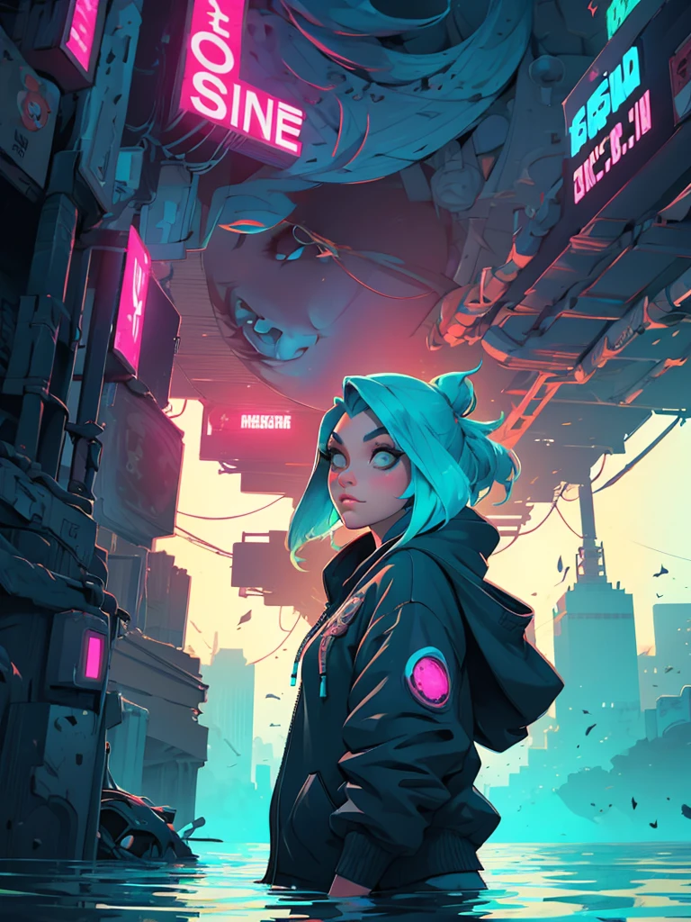 a woman with long hair and a hoodie is standing in the water, beeple and jeremiah ketner, digital art on pixiv, digital art. artstation, dreamy cyberpunk girl, by Aaron Nagel, loish |, gorgeous digital art, 🌺 cgsociety, dark cyberpunk illustration, cyberpunk))))), intricate abstract. cyberpunk, cyberpunk art style