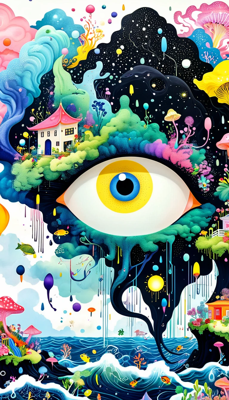 Broto art style，Strong visual fusion of multiple elements，来自Star的艺术家，Colorful black，Dopamine color scheme，house、Eye、pearl珠帘、pearl、Star、cloud、fish、Spore powder、Ocean、rain、Tentacles，Describing the inner world of autistic people，密集Pointillism method。Smooth lines。interesting，Strange illustration。Pointillism method。Strong contrast。Award-winning works。