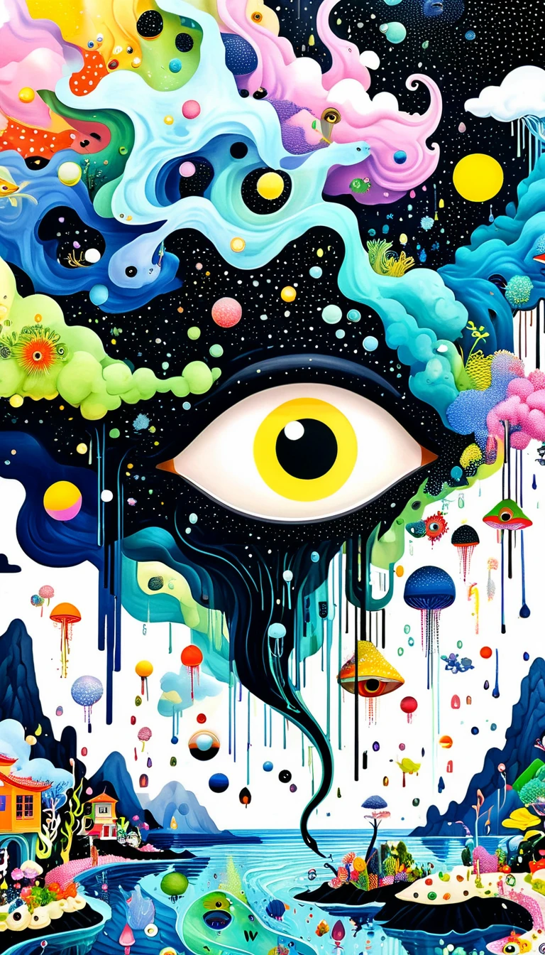 Broto art style,Strong visual fusion of multiple elements,来自Star的艺术家,Colorful black,Dopamine color scheme,house、Eye、pearl珠帘、pearl、Star、cloud、fish、Spore powder、Ocean、rain、Tentacles,Describing the inner world of autistic people,密集Pointillism method。Smooth lines。interesting,Strange illustration。Pointillism method。Strong contrast。Award-winning works。