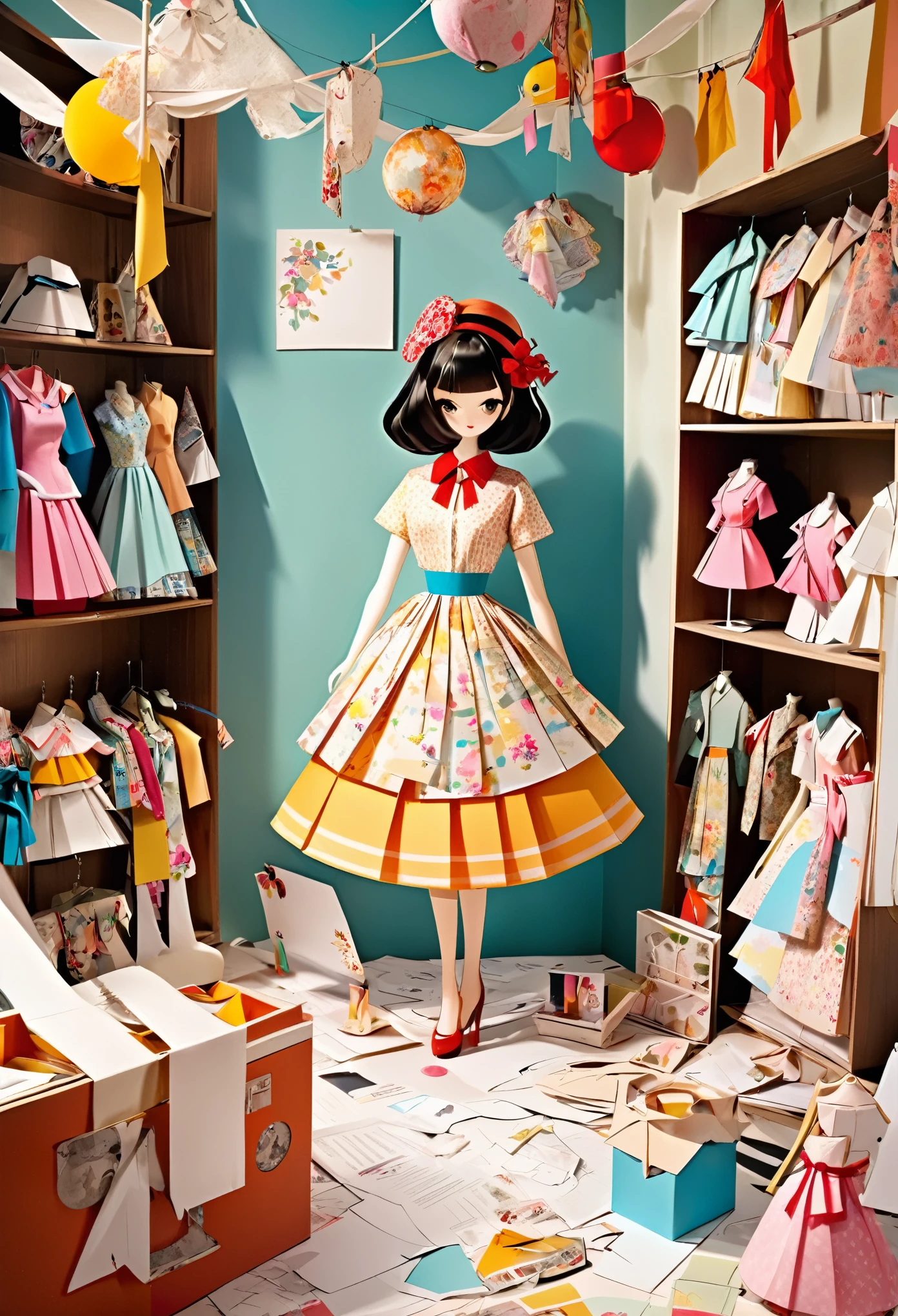 conceptual installation art, 2.5D, paper fashion models, paper clothes, dress-up dolls, lots of clothes to change, retro atmosphere, paper craft