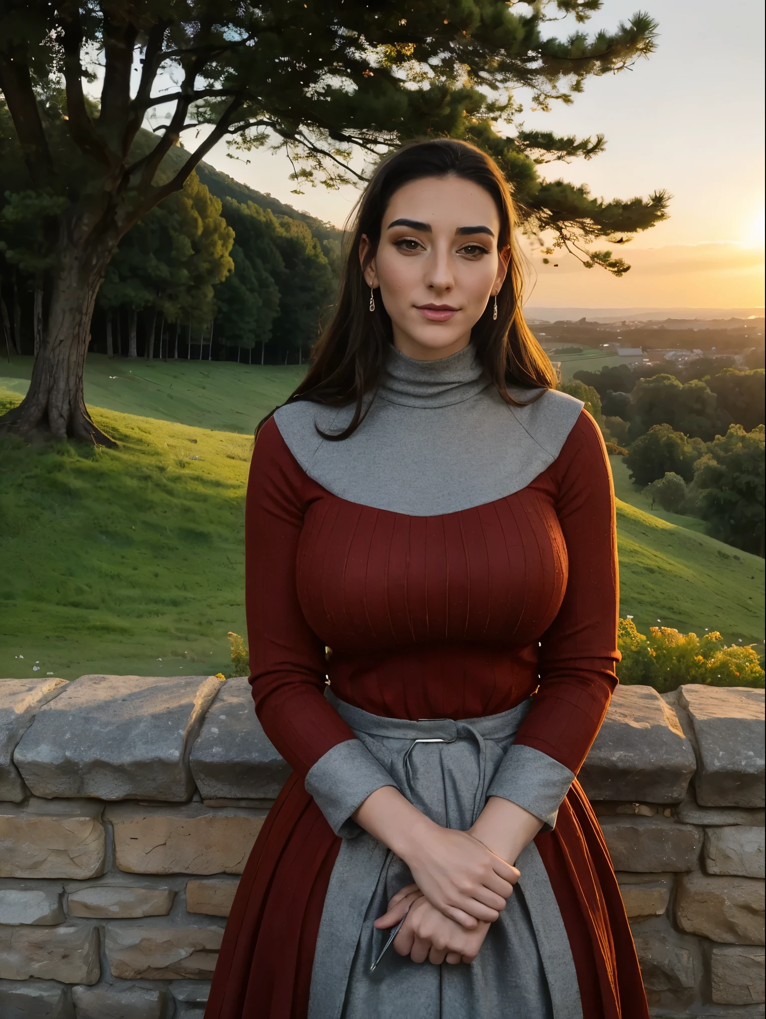 Gorgeous and sultry busty athletic (thin) brunette queen with sharp facial features wearing a modest updo, dark red medieval dress, long sleeves, intricate patterns, scrollwork, wide neck, crown, veil, long dress, modest dress, tight bodice, silver belt, (waist chain), medieval jewelry, Middle Ages, castle, rampart, wall, exterior, on top of a castle wall, trees, countryside, evening, sunset.